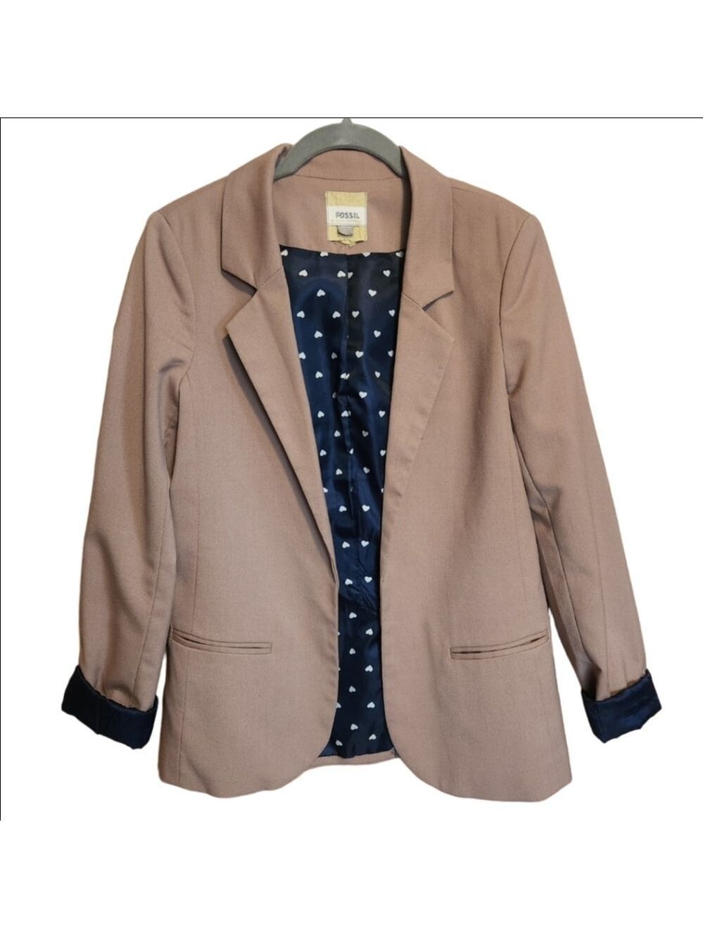 FOSSIL HEART LINED TAN BLAZER OPEN FRONT POCKETS SIZE SMALL LIKE NEW